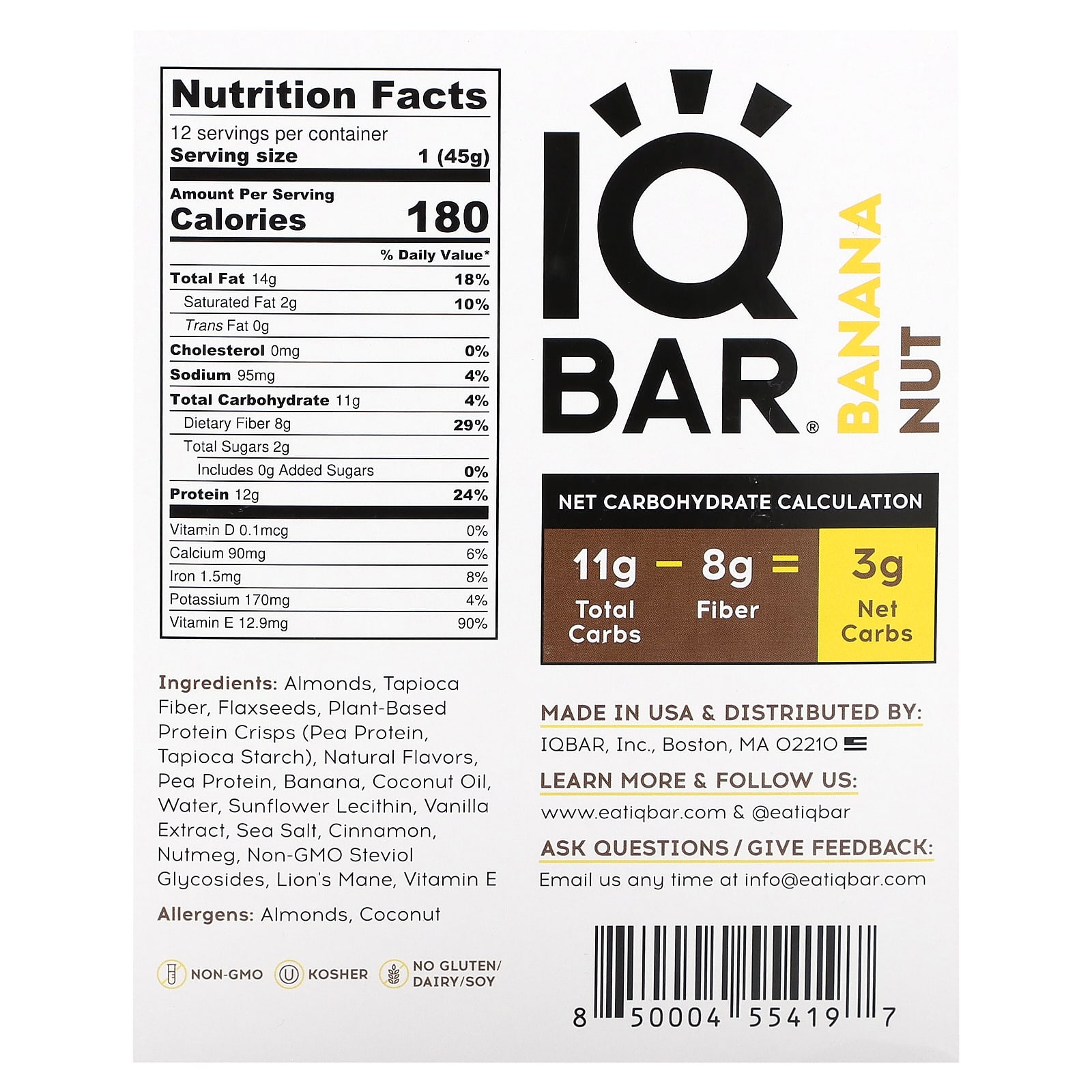 IQBAR, Plant Protein Bar, Banana Nut, 12 Bars, 1.6 oz (45 g) Each - B0876L9G1D