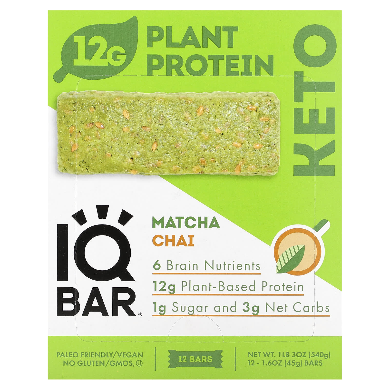 IQBAR, Plant Protein Bar, Matcha Chai, 12 Bars, 1.6 oz (45 g) Each - B086Z5S5LZ
