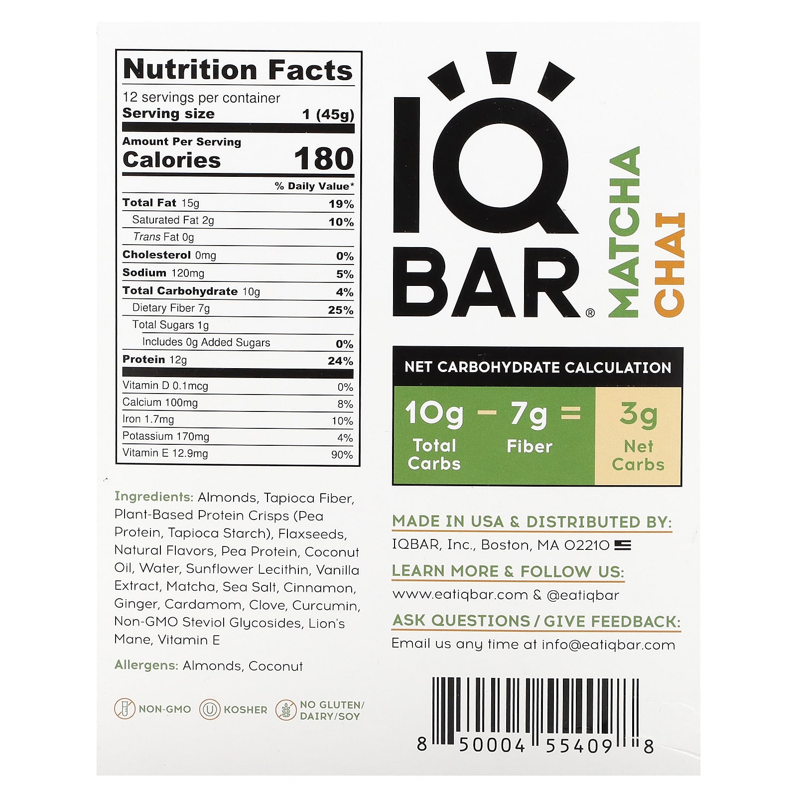 IQBAR, Plant Protein Bar, Matcha Chai, 12 Bars, 1.6 oz (45 g) Each - B086Z5S5LZ