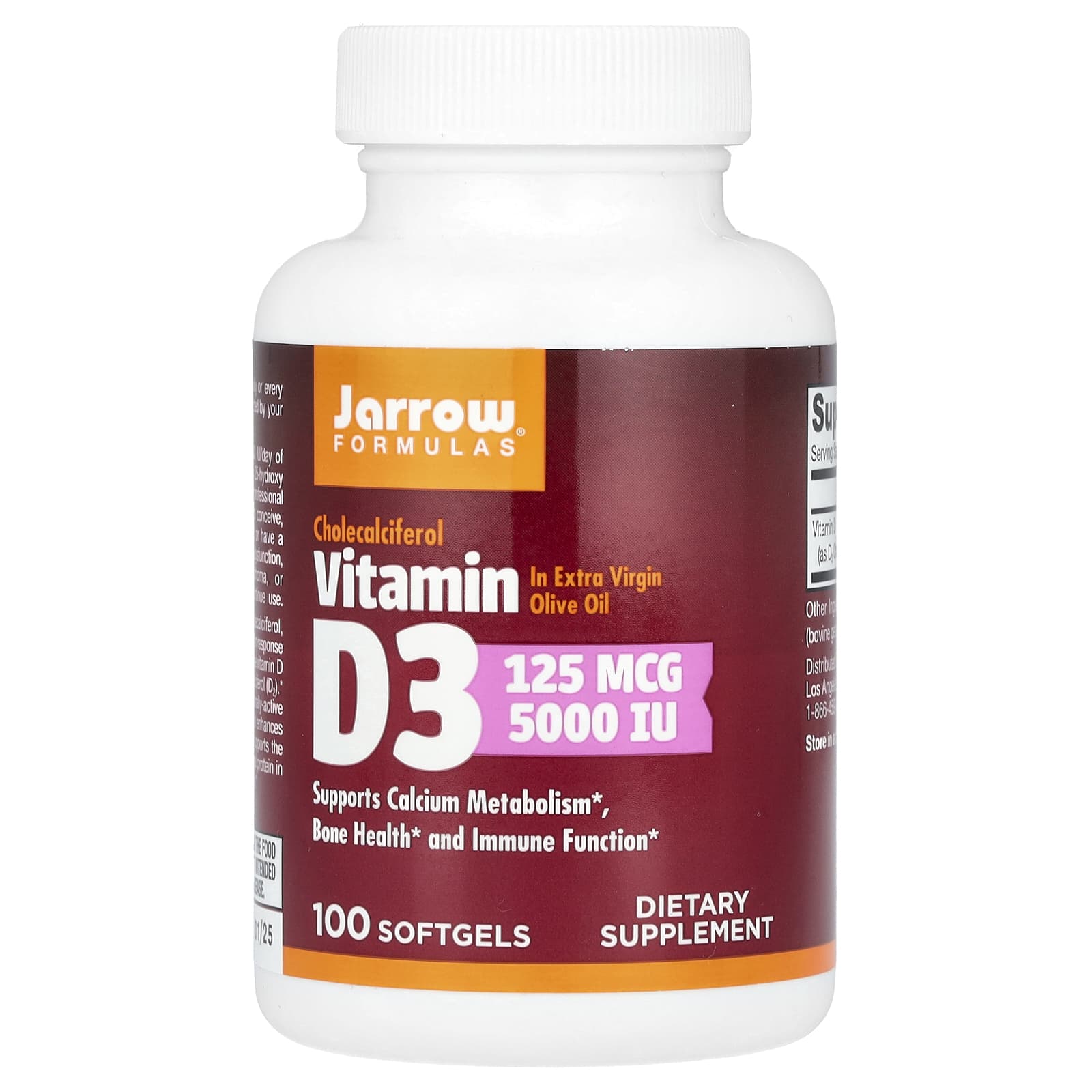 Jarrow Formulas, Vitamin D3, 125 mcg (5,000 IU), 100 Softgels - B003B6RB98