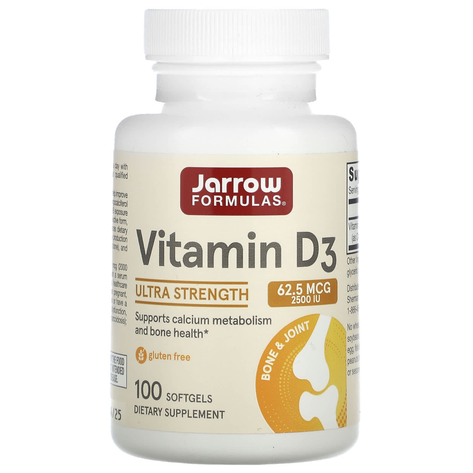 Jarrow Formulas, Vitamin D3, Ultra Strength, 62.5 mcg (2,500 IU), 100 Softgels - B00DTQTZK8