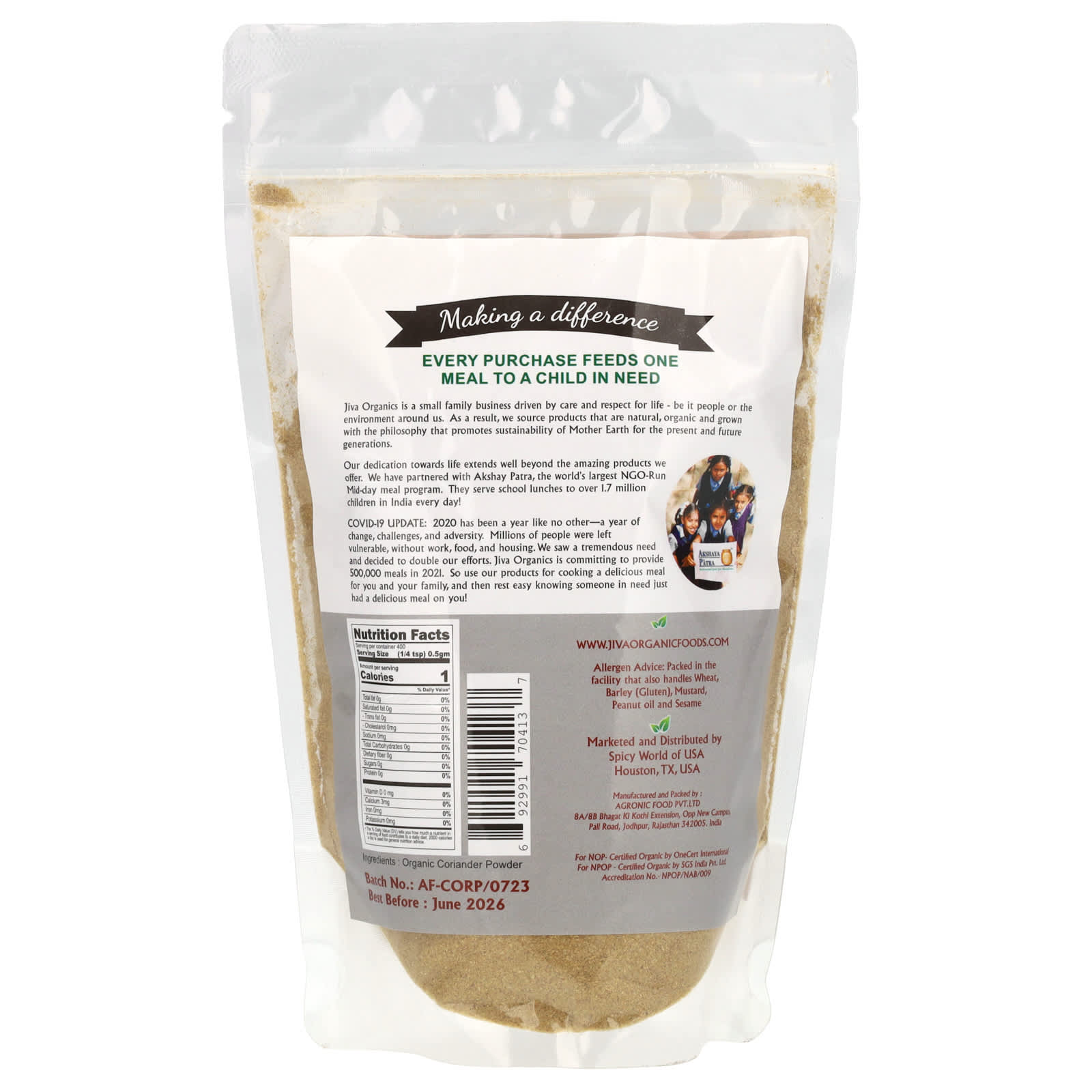 Jiva Organics, Organic Coriander Powder, 7 oz (200 g) - B00J5SEOIW