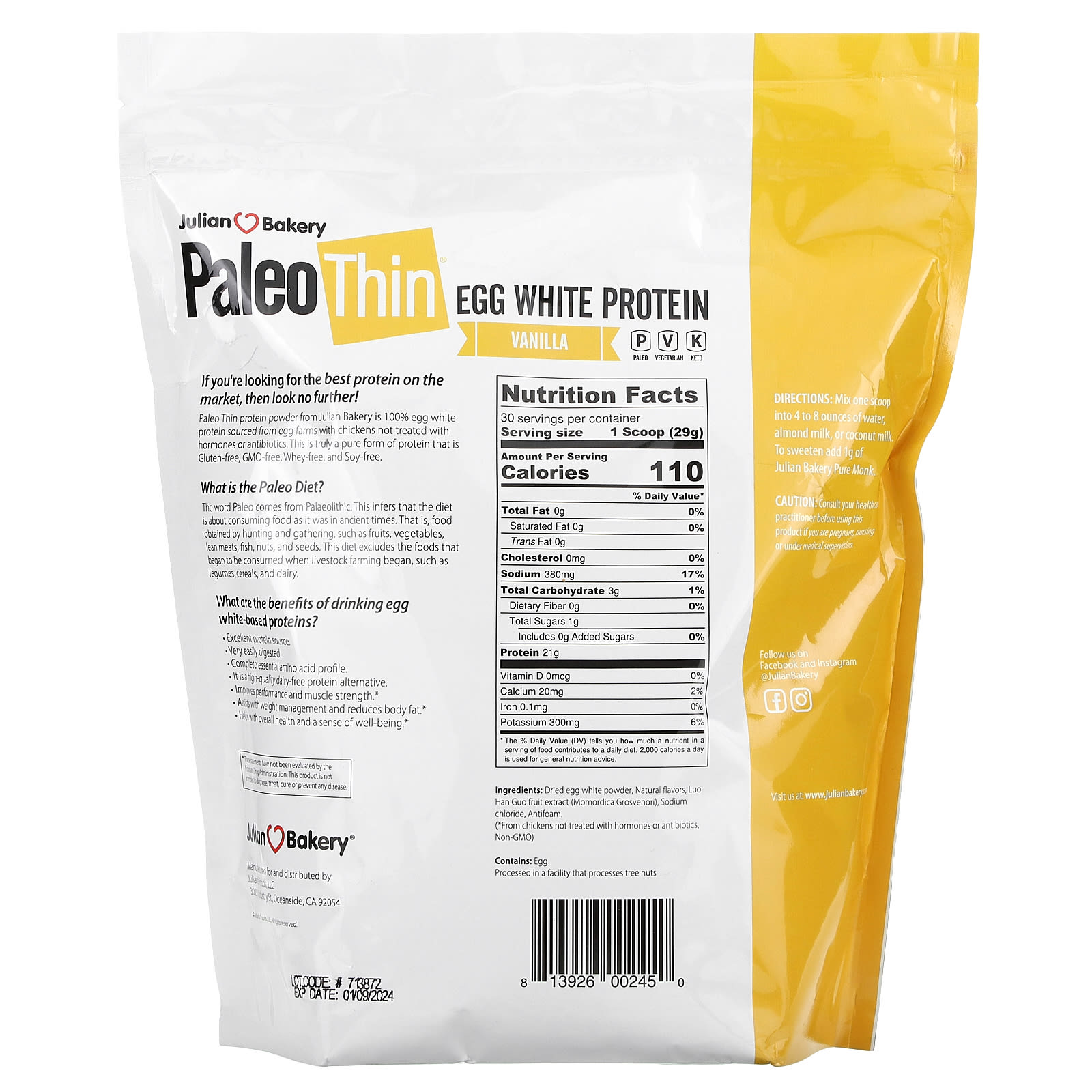 Julian Bakery, Paleo Thin, Egg White Protein, Vanilla, 1.92 lbs (870 g) - B00H49XXSQ