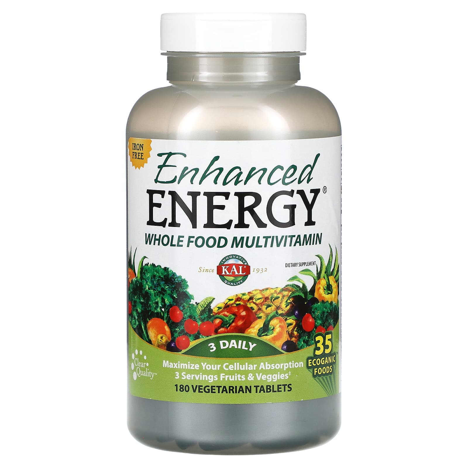 KAL, Enhanced Energy, Whole Food Multivitamin, Iron Free, 180 Vegetarian Tablets - B0015DEMZK
