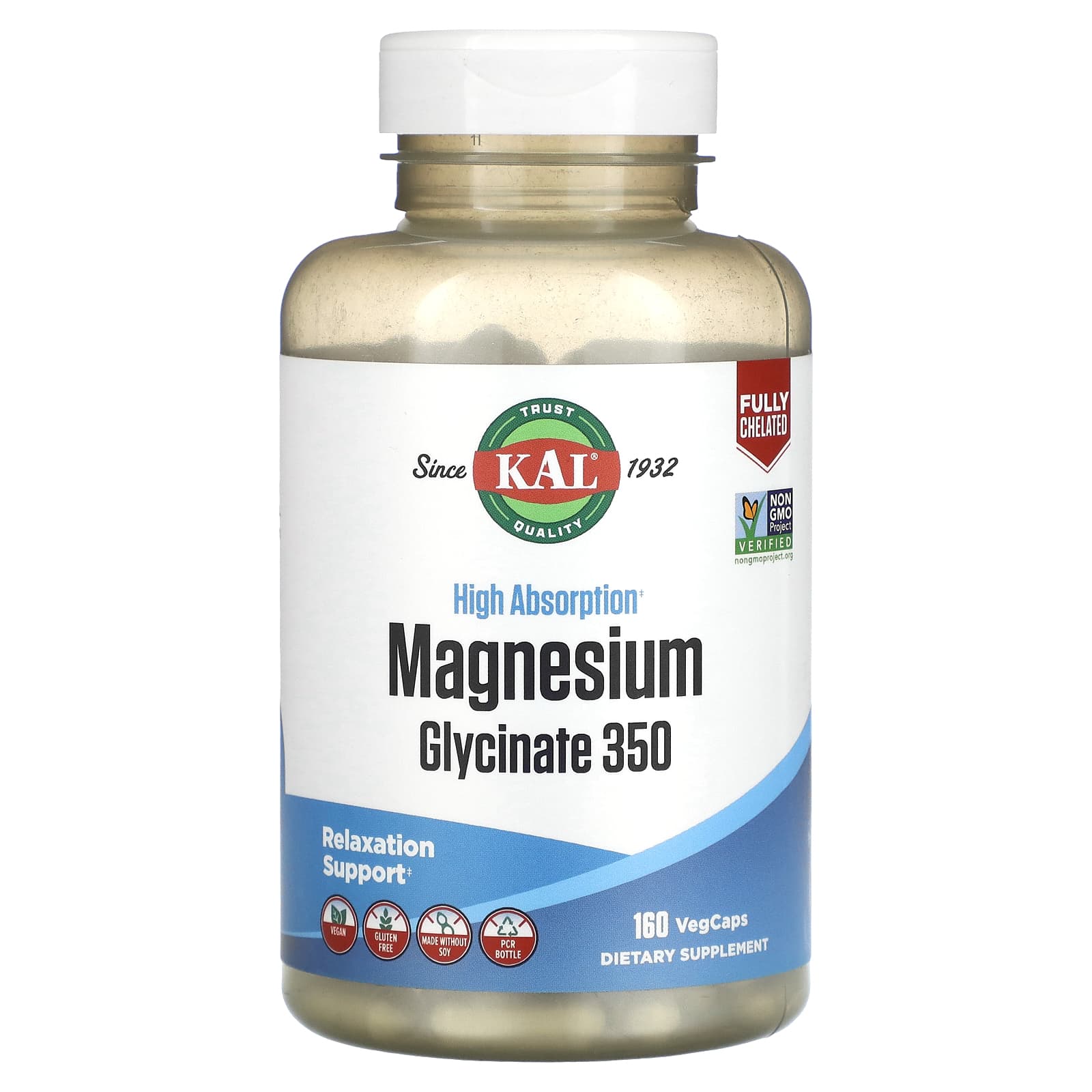 KAL, High Absorption Magnesium Glycinate 350, 160 VegCapsules - B09L5CCXZV