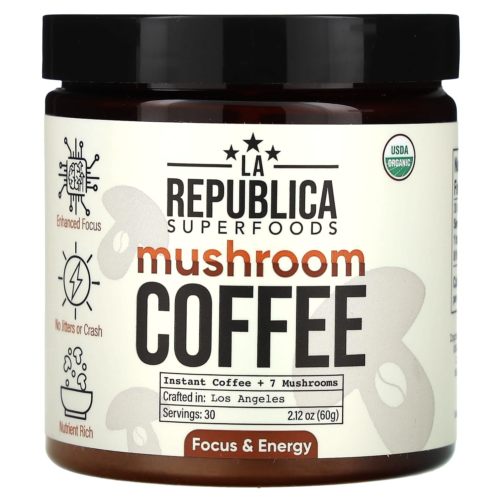 LA Republica, Mushroom Coffee, Instant Coffee + 7 Mushrooms, 2.12 oz (60 g) - B08G58PFZ5