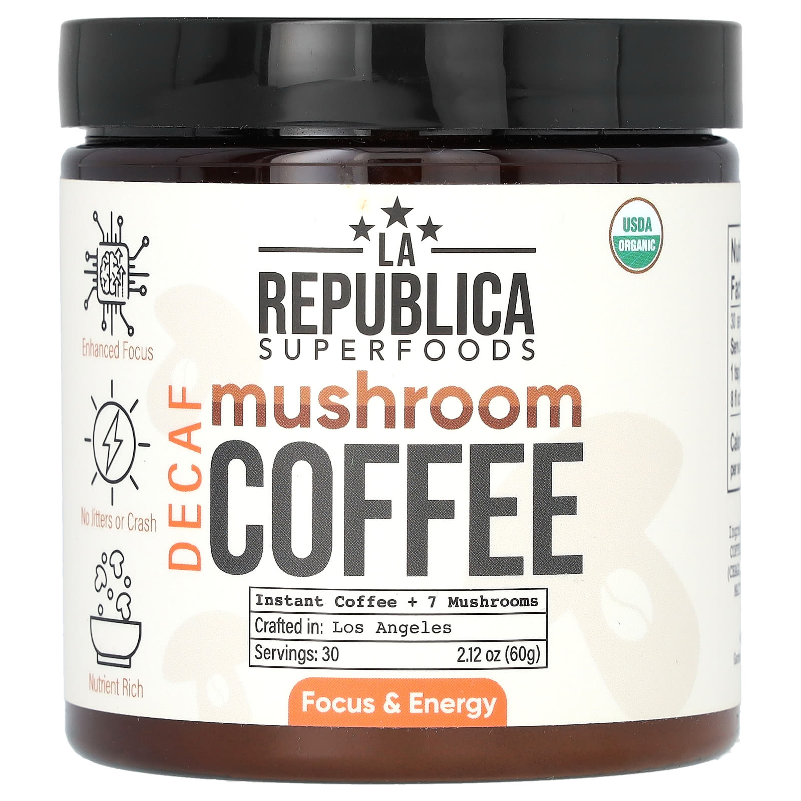 LA Republica, Mushroom Coffee, Instant Coffee + 7 Mushrooms, Decaf, 2.12 oz (60 g) - B0CW6Q6F5C