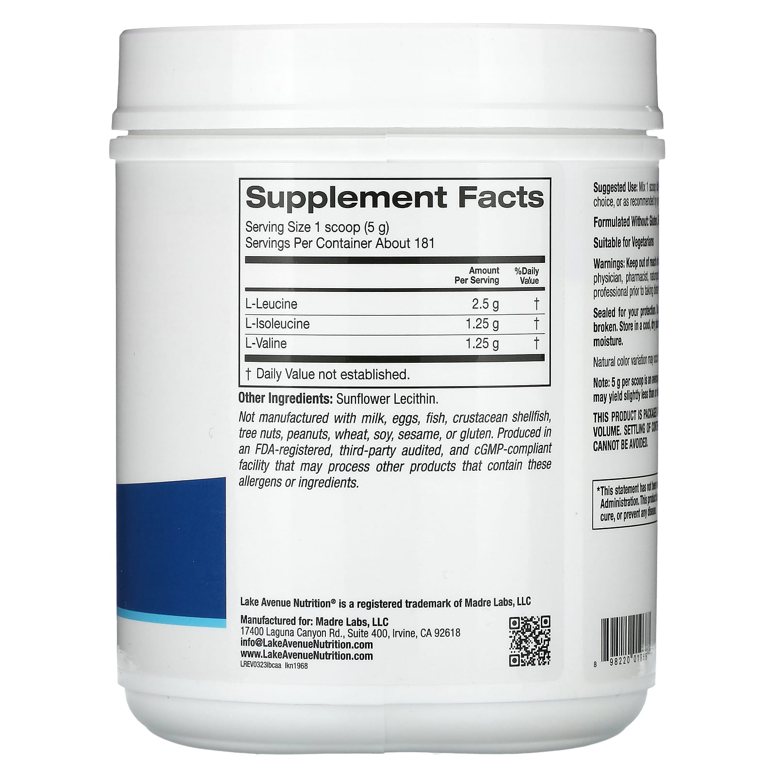 Lake Avenue Nutrition, Instantized BCAA Powder, Unflavored, 32 oz (907 g) - B09MGFGY46