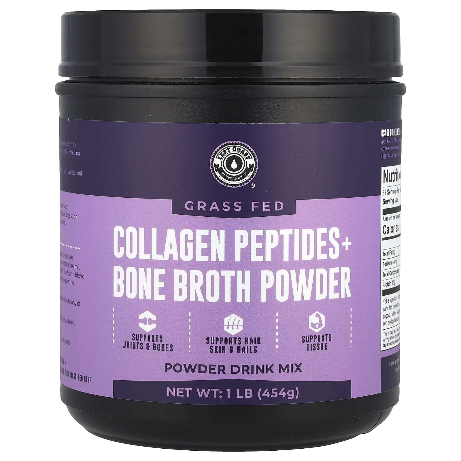 Left Coast Performance, Collagen Peptides + Bone Broth Powder, 1 Lb (454 g) - B07TXNN9SG