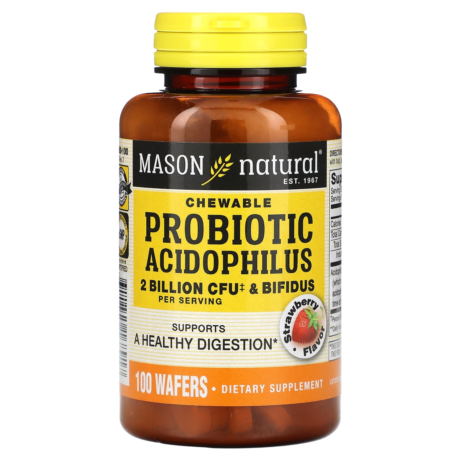 Mason Natural, Chewable Probiotic Acidophilus & Bifidus, Strawberry, 2 Billion CFU, 100 Wafers - B00F962L5C