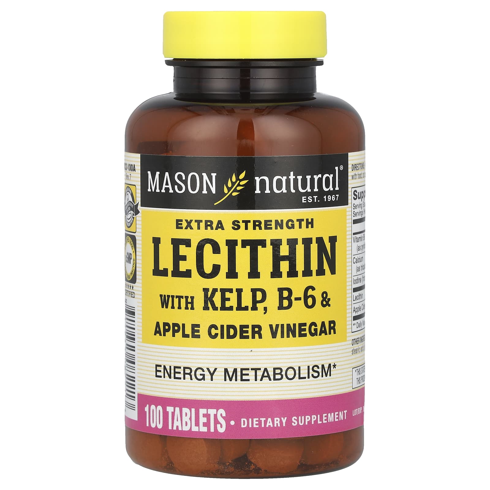 Mason Natural, Lecithin with Kelp, Extra Strength, B6 & Apple Cider Vinegar, 100 Tablets - B00EBGS0DS