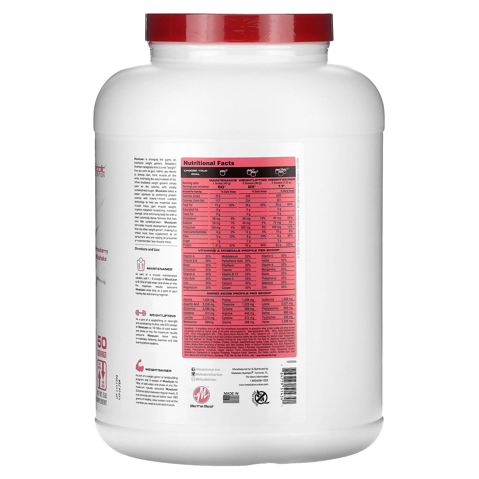 Metabolic Nutrition, MuscLean, Lean Muscle Weight Gainer, Strawberry Milkshake, 5 lb - B019F5QZOK