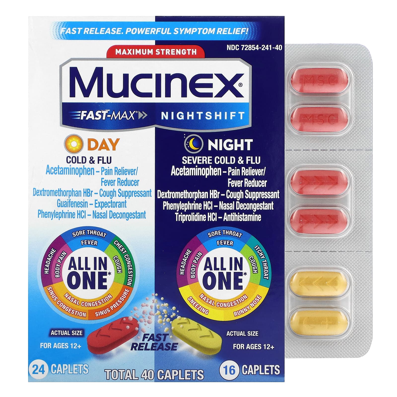 Mucinex, Fast-Max Day Cold & Flu and Nightshift Night Severe Cold & Flu, Maximum Strength, For Ages 12+, 2 Bottles, 40 Caplets - B094X5PSM2