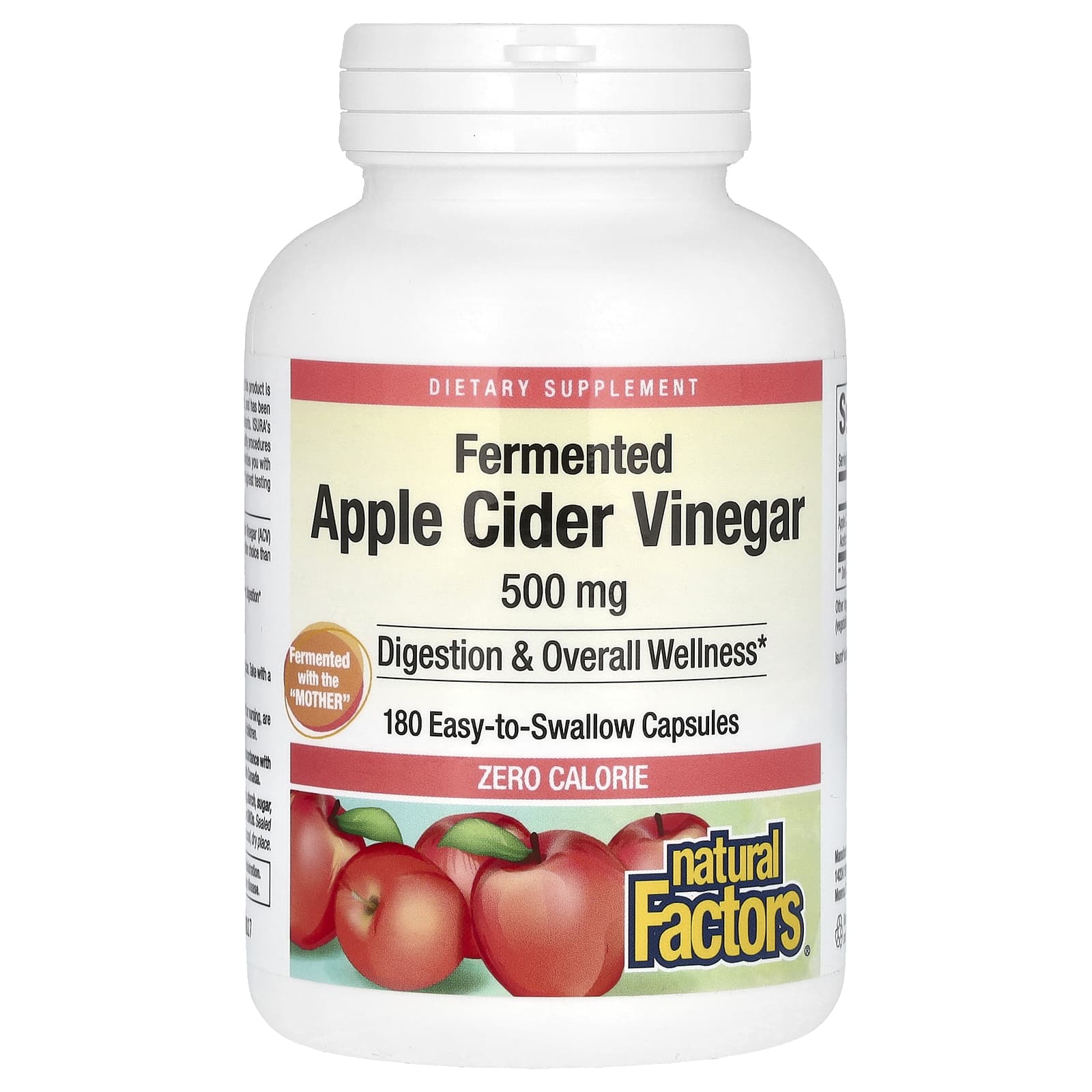 Natural Factors, Fermented Apple Cider Vinegar, 500 mg, 180 Easy to Swallow Capsules - B004005XM6