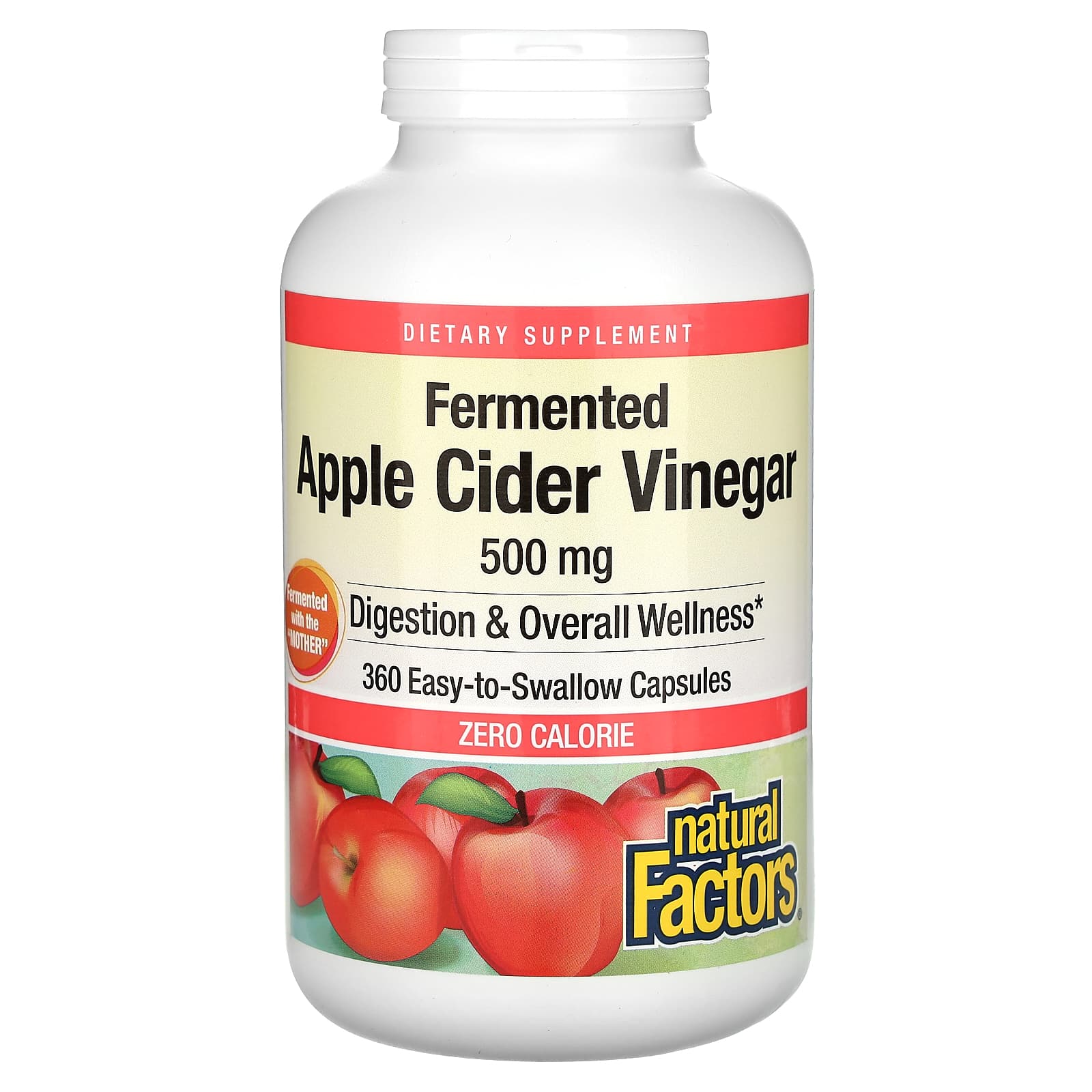 Natural Factors, Fermented Apple Cider Vinegar, 500 mg, 360 Easy-to -Swallow Capsules - B07GLTN1LX