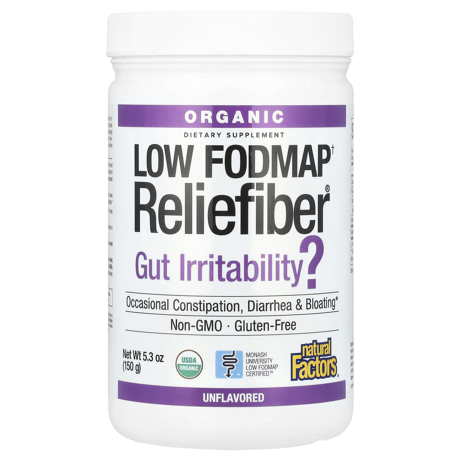 Natural Factors, Organic Low Fodmap† Reliefiber®, Unflavored, 5.3 oz (150 g) - B07PFQJ818