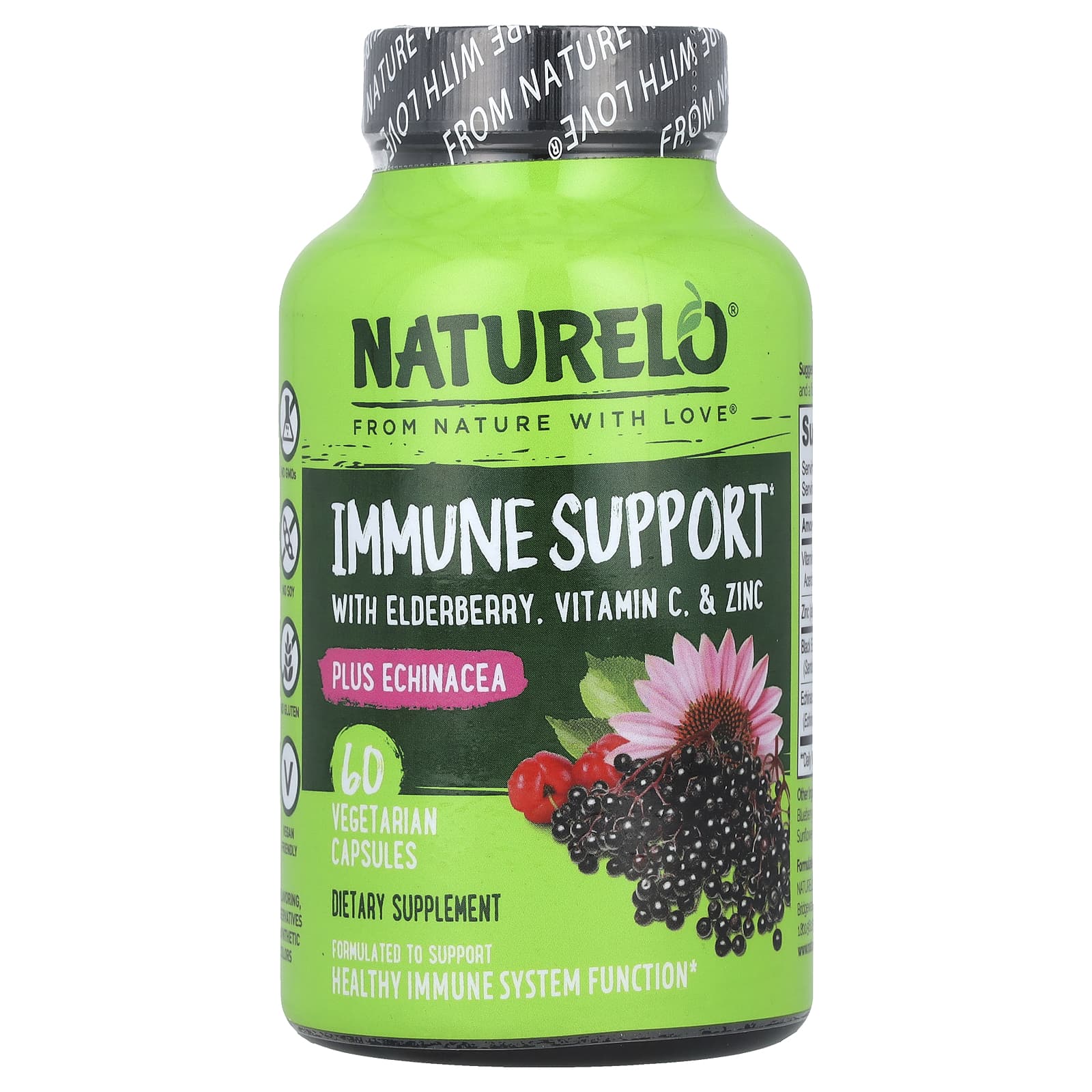 NATURELO, Immune Support with Elderberry, Vitamin C & Zinc plus Echinacea, 60 Vegetarian Capsules - B089FTRHFP