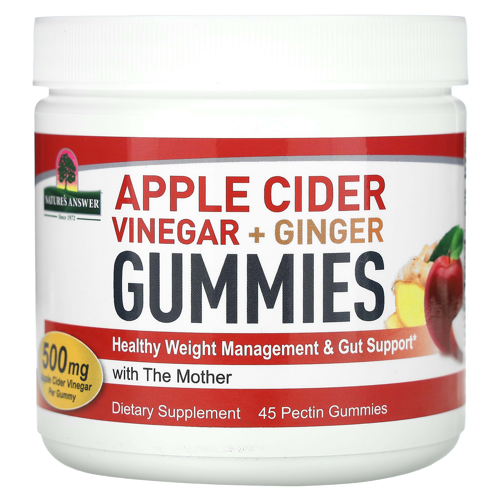 Nature's Answer, Apple Cider Vinegar + Ginger Gummies with The Mother, 500 mg, 45 Pectin Gummies - 