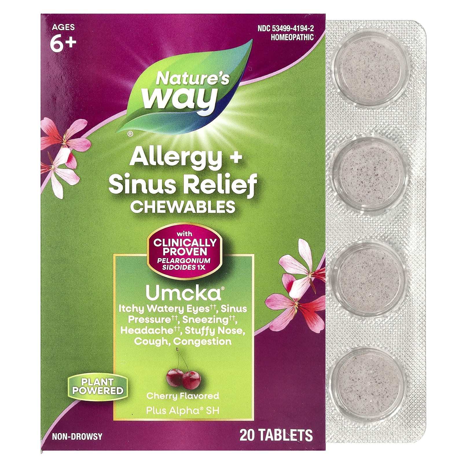 Nature's Way, Umcka, Allergy + Sinus, Cherry, 20 Tablets - B077K5FZPC