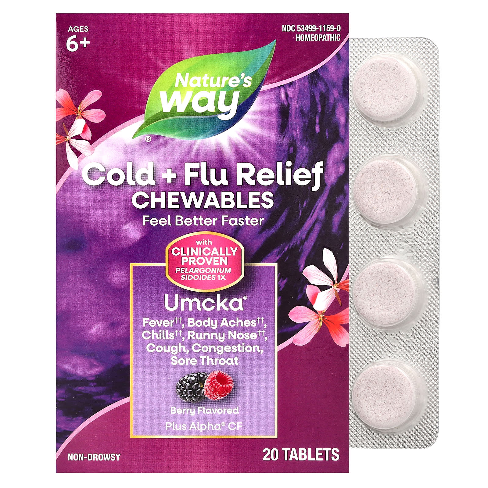 Nature's Way, Umcka, Cold + Flu Relief Chewables, Ages 6+, Berry, 20 Tablets - B000XTO9CI