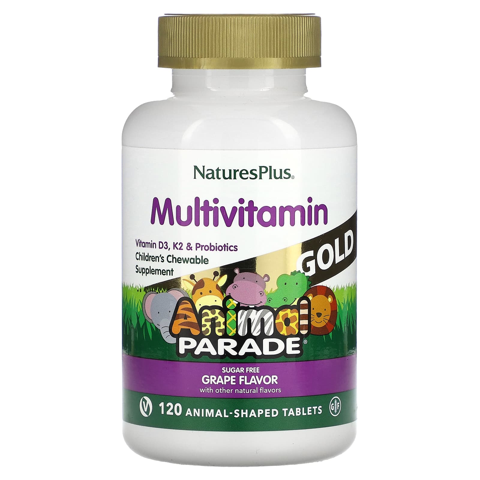 NaturesPlus, Animal Parade Gold, Children's Multivitamin Chewable Supplement, Grape, 120 Animal-Shaped Tablets - B00553PAHU