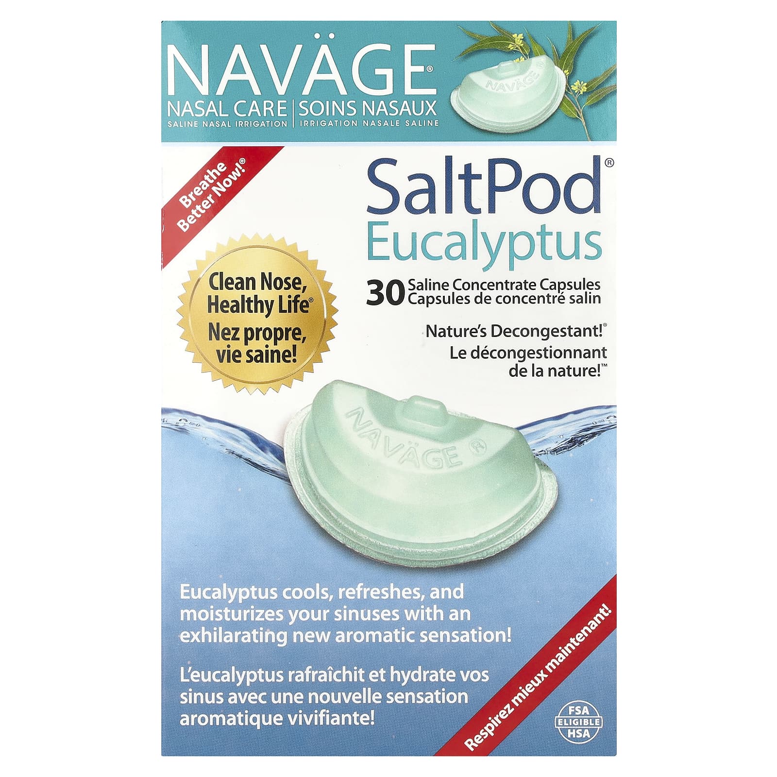 Navage, Nasal Care, Saline Nasal Irrigation, SaltPod Eucalyptus, 30 Saline Concentrate Capsules