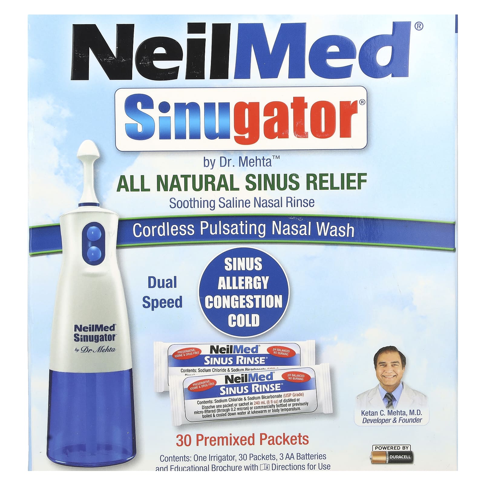 NeilMed, Sinugator, Cordless Pulsating Nasal Wash, 3 Piece Set - B005UO6NRA