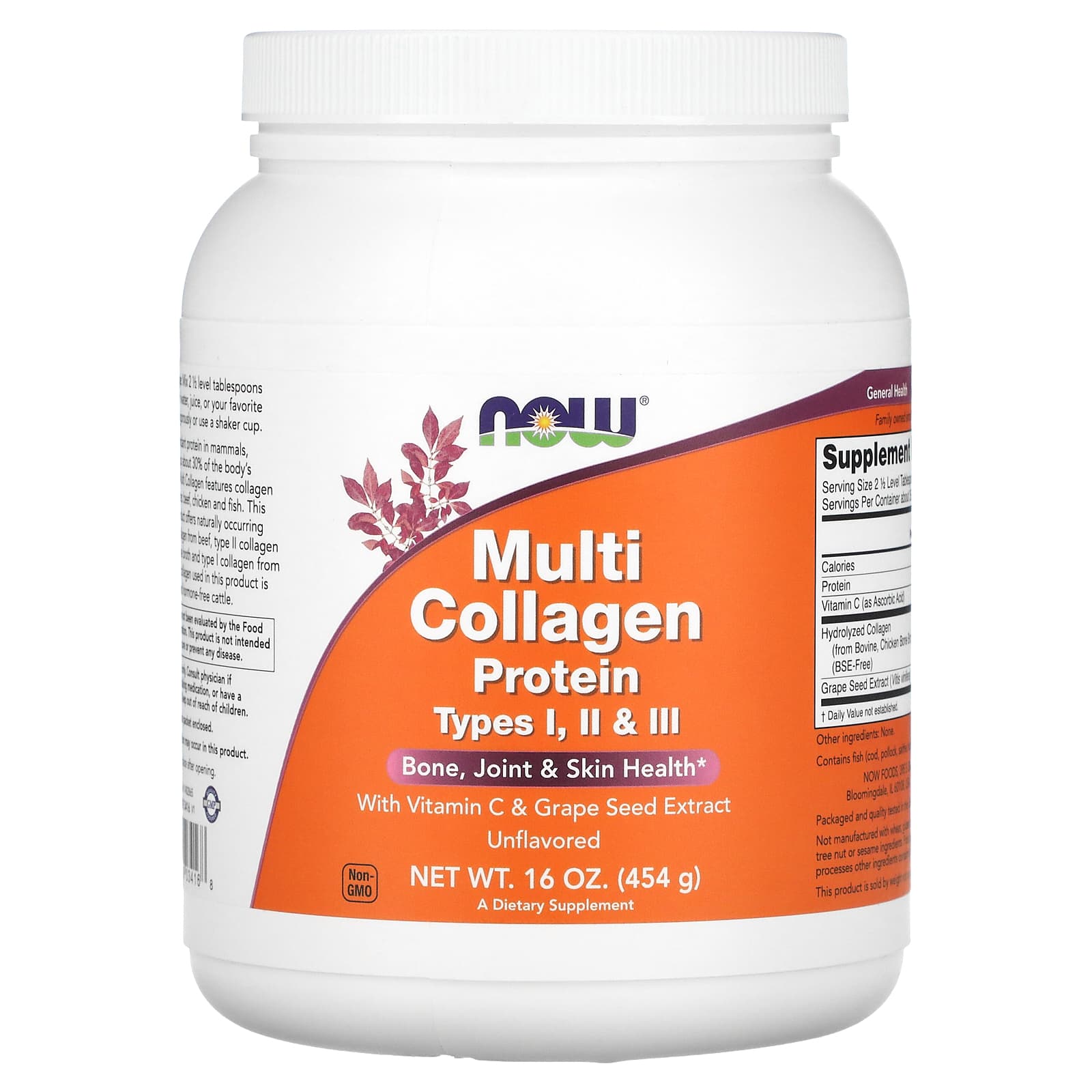 NOW Foods, Multi Collagen Protein, Type I, II & III, Unflavored, 16 oz (454 g) - B0B39K9YC1