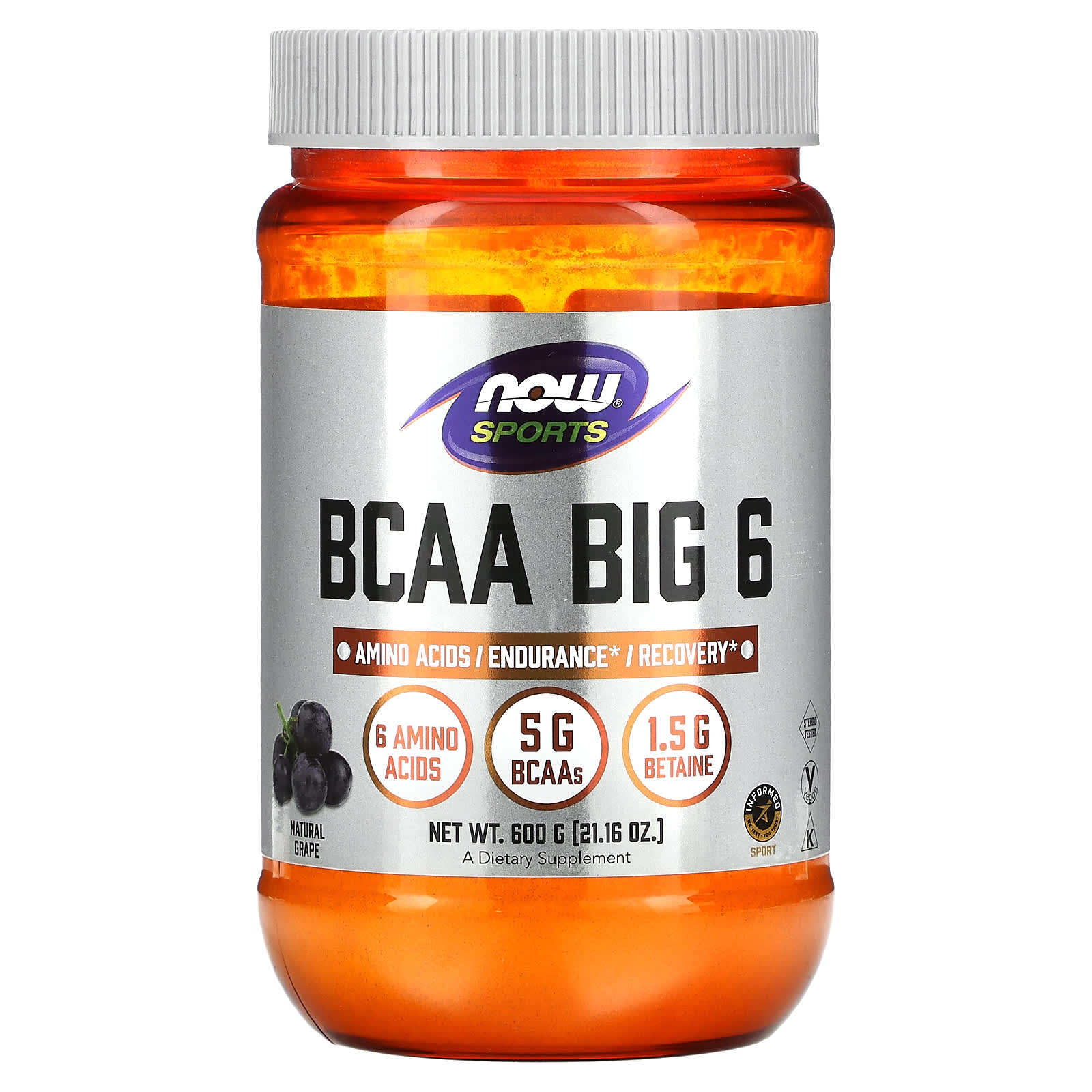 NOW Foods, Sports, BCAA Big 6, Natural Grape, 21.16 oz (600 g) - B06XX357Z9