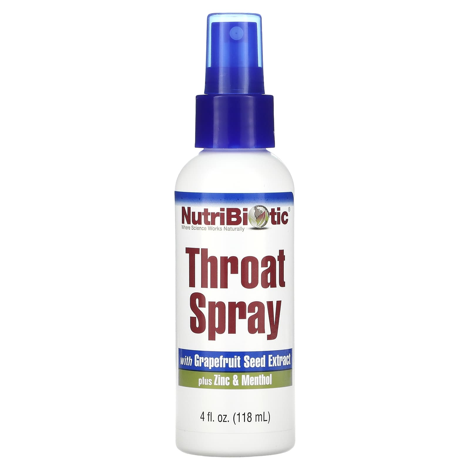 NutriBiotic, Throat Spray with Grapefruit Seed Extract plus Zinc & Menthol, 4 fl oz (118 ml)