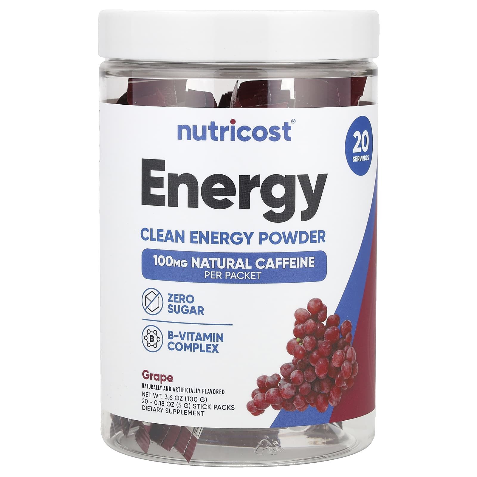 Nutricost, Energy, Clean Energy Powder, Grape, 20 Stick Packs, 0.18 oz (5 g) Each - B0D96X4DBC