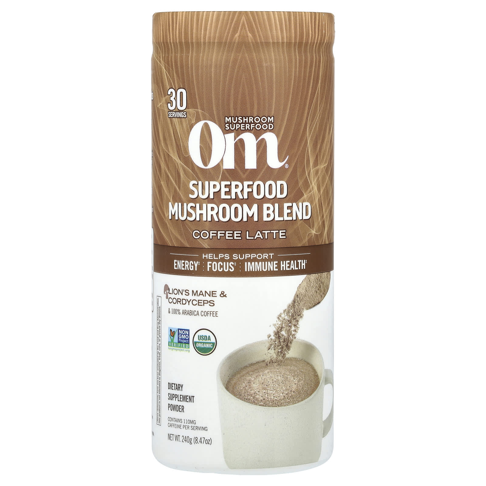 Om Mushrooms, Superfood Mushroom Blend, Coffee Latte, 8.47 oz (240 g) - B09G98BJ13