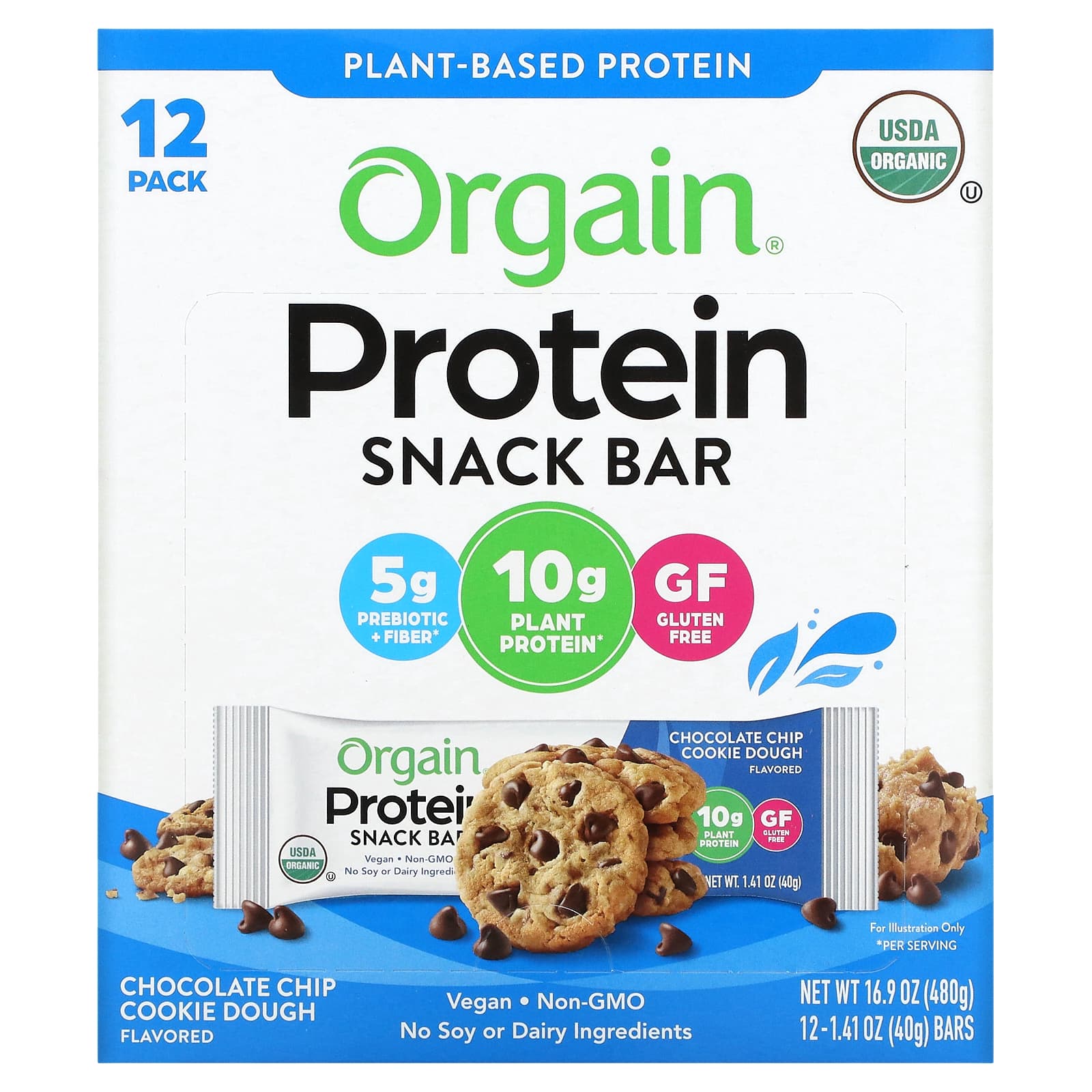 Orgain, Organic Plant-Based Protein Bar, Chocolate Chip Cookie Dough, 12 Bars, 1.41 oz (40 g) Each - B01HNTBFEU