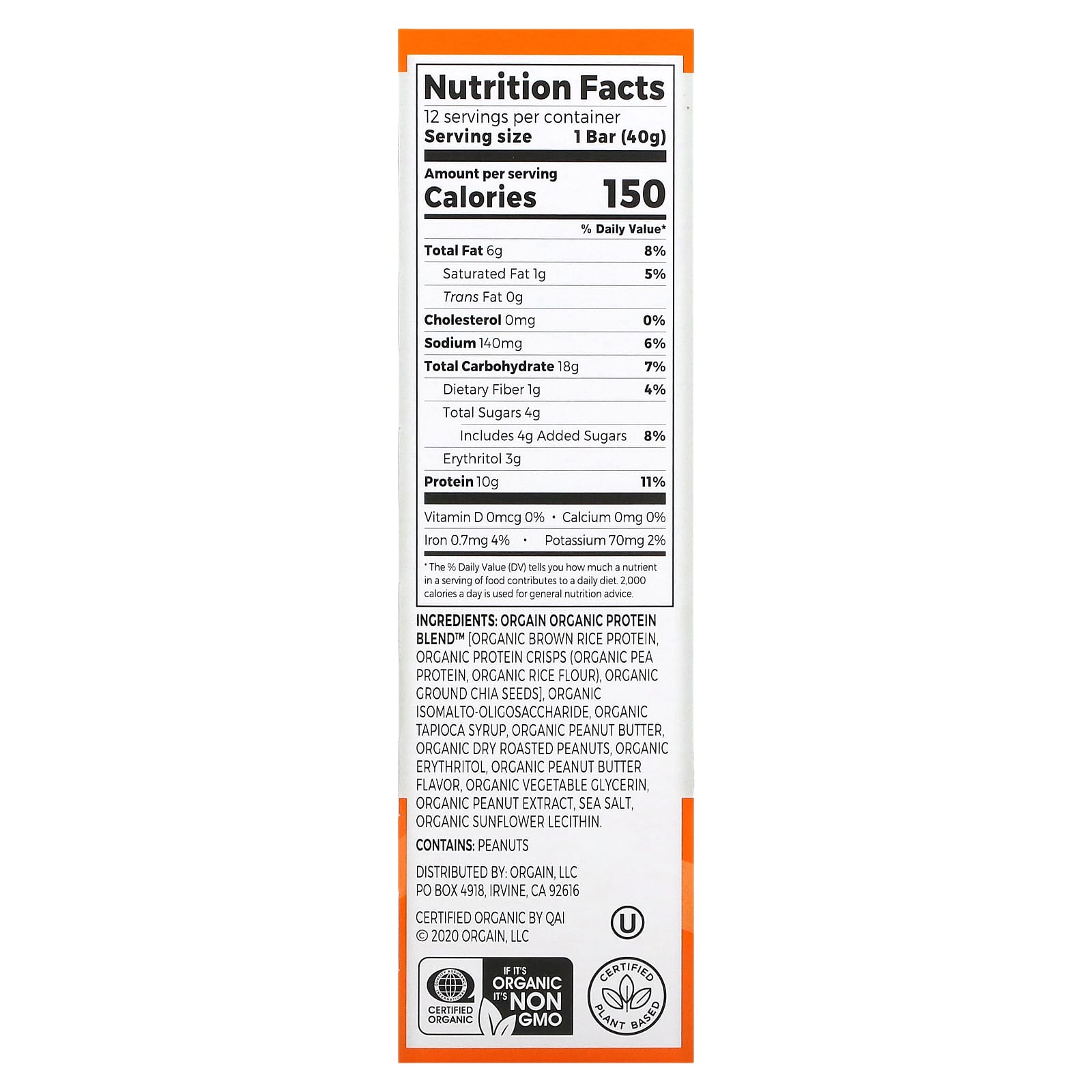 Orgain, Organic Plant-Based Protein Bar, Peanut Butter, 12 Bars, 1.41 oz (40 g) Each - B01HNTBH4I