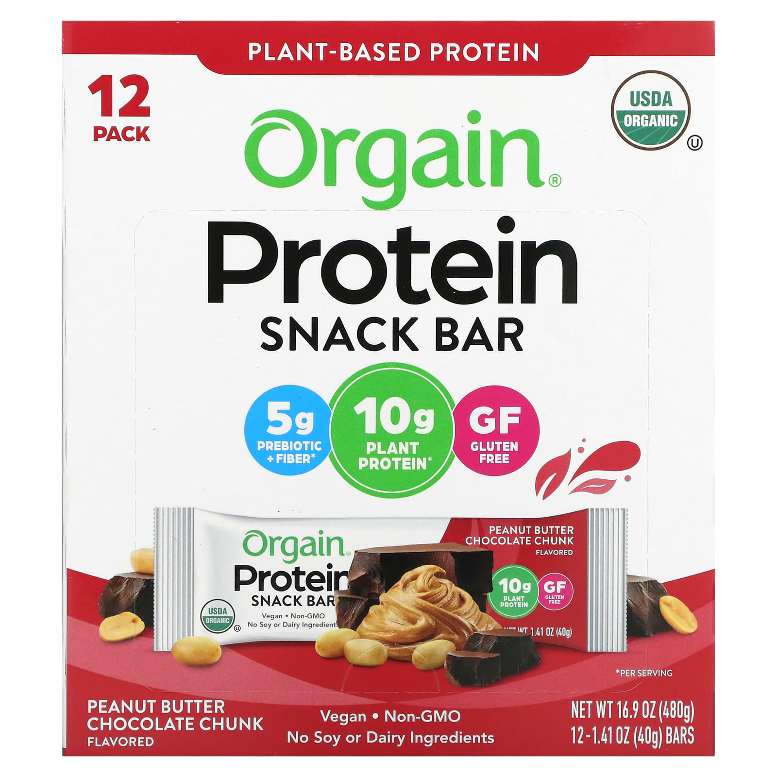 Orgain, Organic Plant-Based Protein Bar, Peanut Butter Chocolate Chunk, 12 Bars, 1.41 oz (40 g) Each - B01HNTBGP8