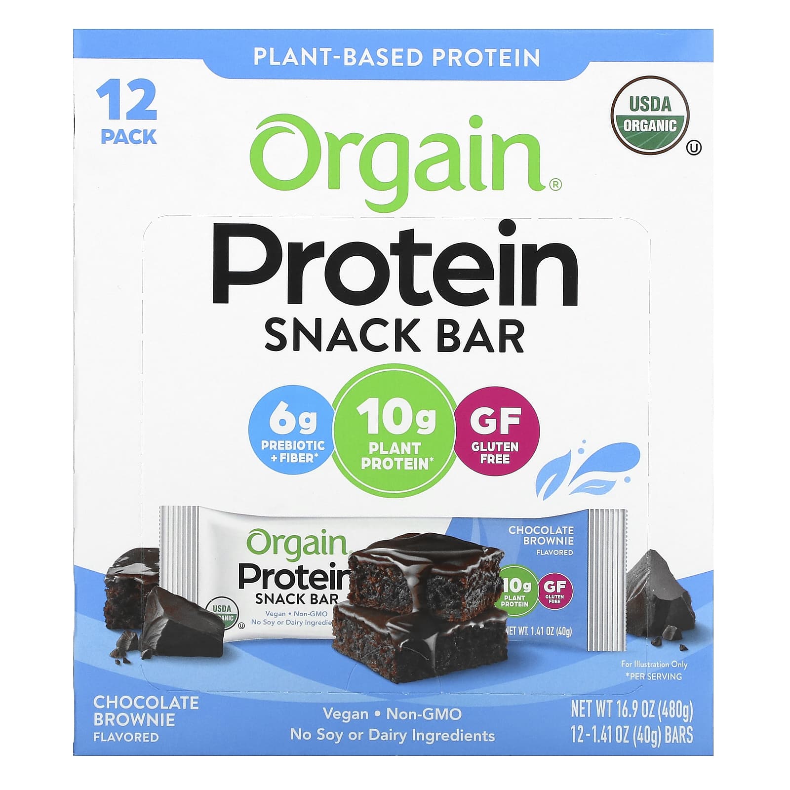 Orgain, Protein Snack Bar, Chocolate Brownie, 12 Bars, 1.41 oz (40 g) Each - B088SXRRLK