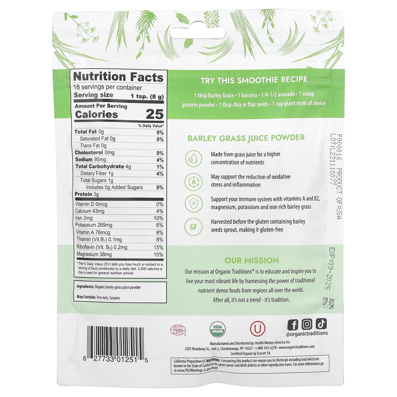 Organic Traditions, Barley Grass Juice Powder, 5.3 oz (150 g) - 