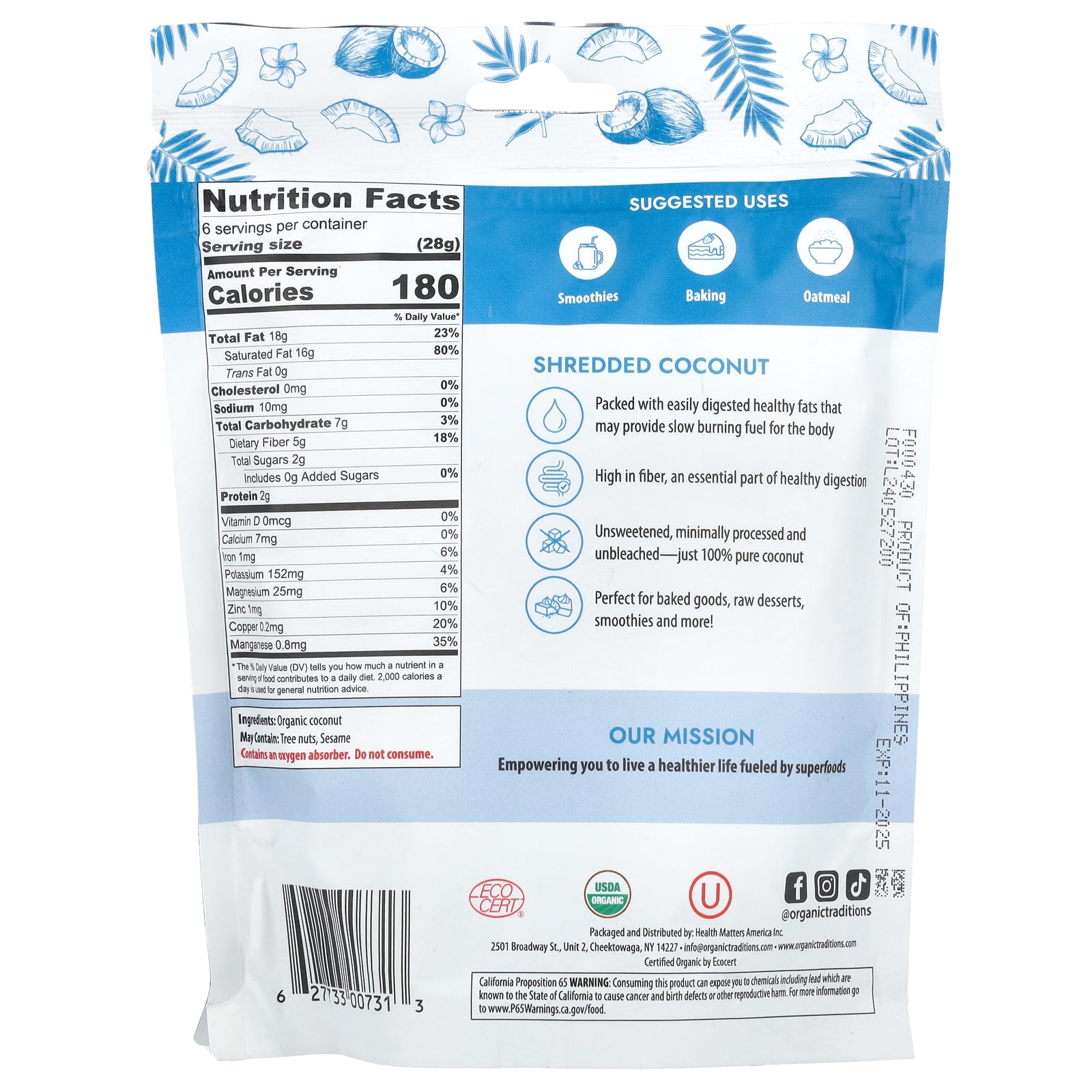 Organic Traditions, Shredded Coconut, 6.7 oz (190 g) - B07PCGP2TF