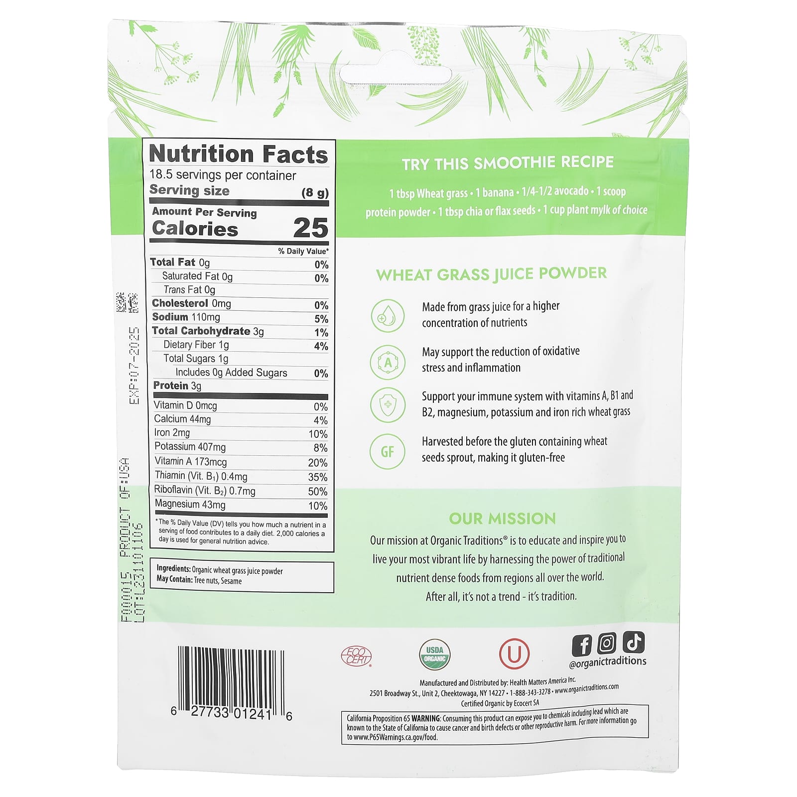Organic Traditions, Wheat Grass Juice Powder, 5.3 oz (150 g) - B01I5B3X1S