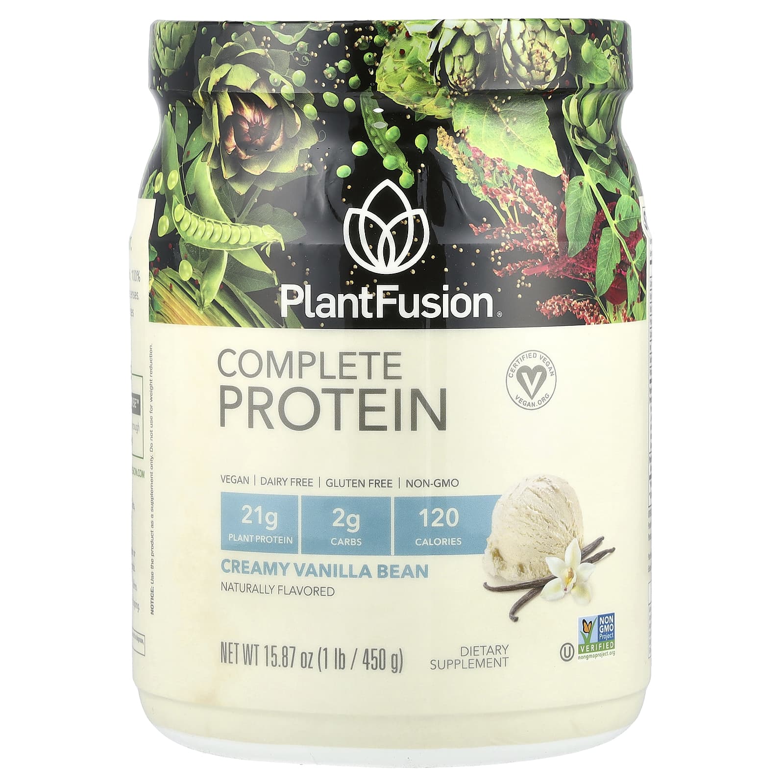 PlantFusion, Complete Protein, Creamy Vanilla Bean, 1 lb (450 g) - B0021F8HUW