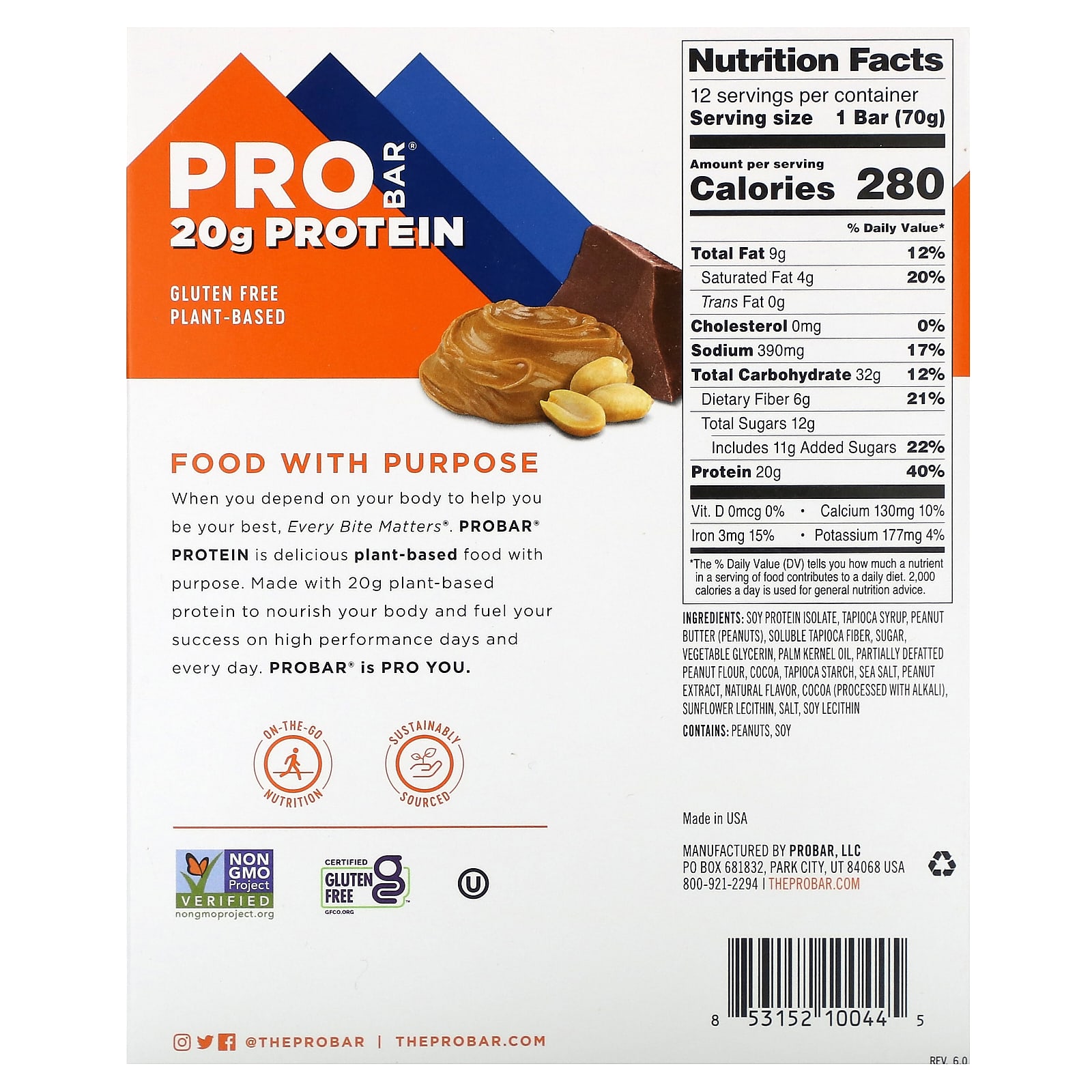 ProBar, Protein Bar, Peanut Butter Chocolate, 12 Bars, 2.47 oz (70 g) Each - B00B97A49U