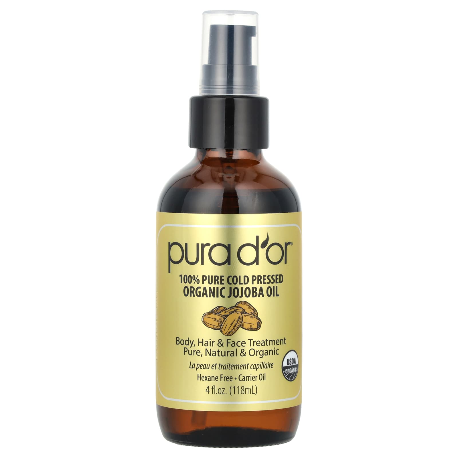 Pura D'or, 100% Pure Cold Pressed Organic Jojoba Oil, 4 fl oz (118 ml) - B07R7RZXJJ