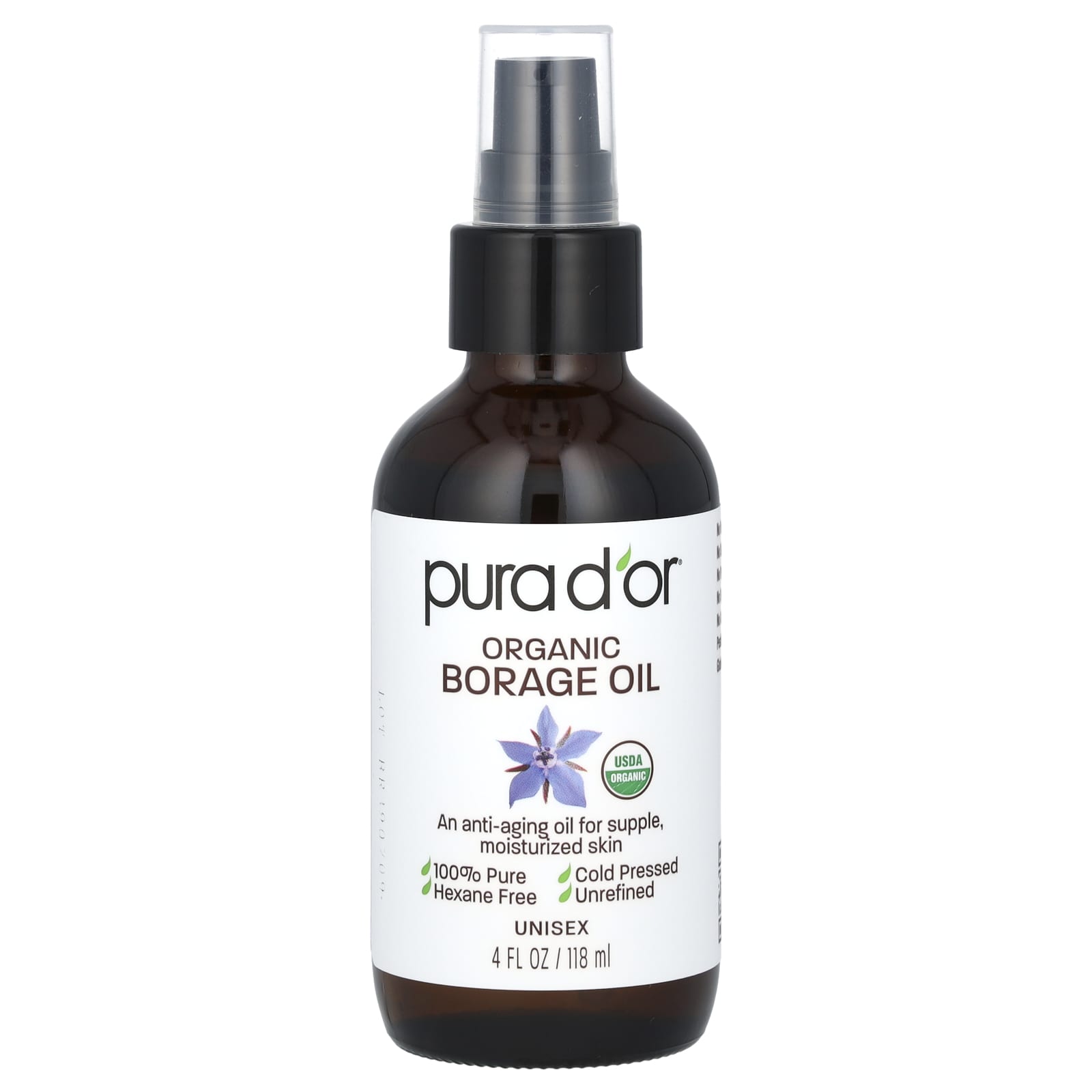 Pura D'or, Organic Borage Oil, 4 fl oz (118 ml) - B0BT5VJ2MY