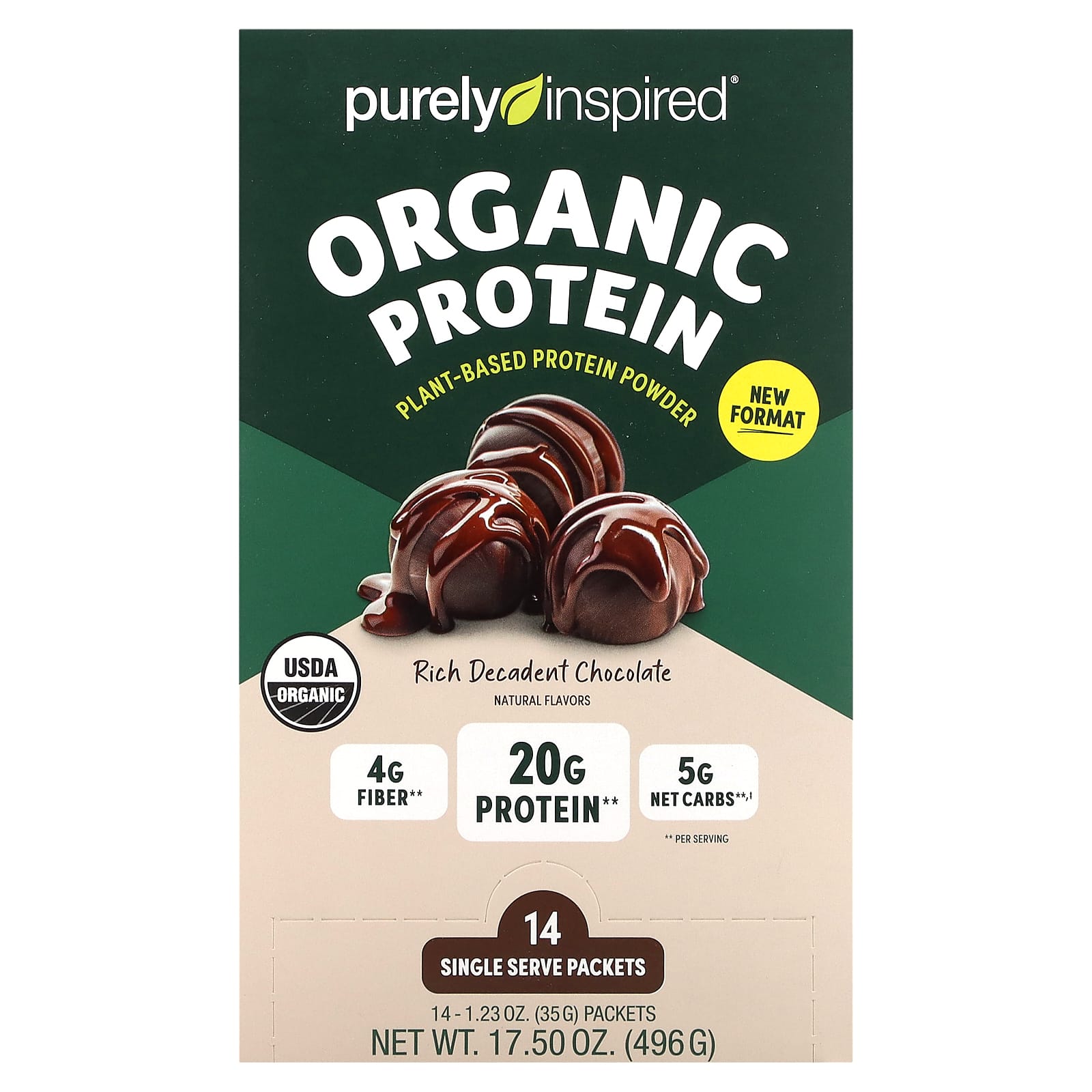 Purely Inspired, Organic Plant-Based Protein Powder, Rich Decadent Chocolate, 14 Single Serve Packets, 1.23 oz (35 g) Each - B0CRHZNHJB