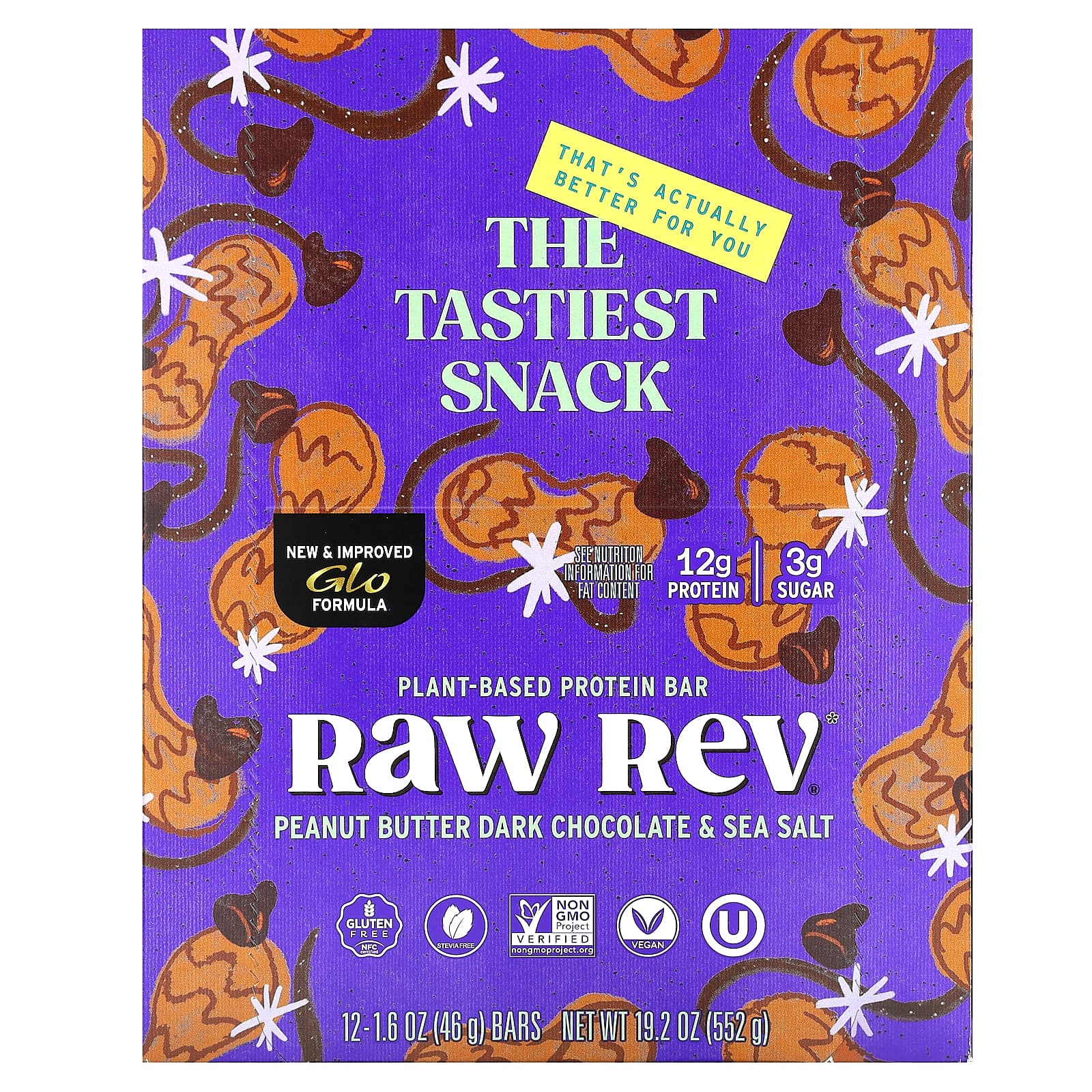 Raw Rev, Plant-Based Protein Bar, Peanut Butter Dark Chocolate & Sea Salt, 12 Bars, 1.6 oz (46 g) Each - B00YIU7C7W