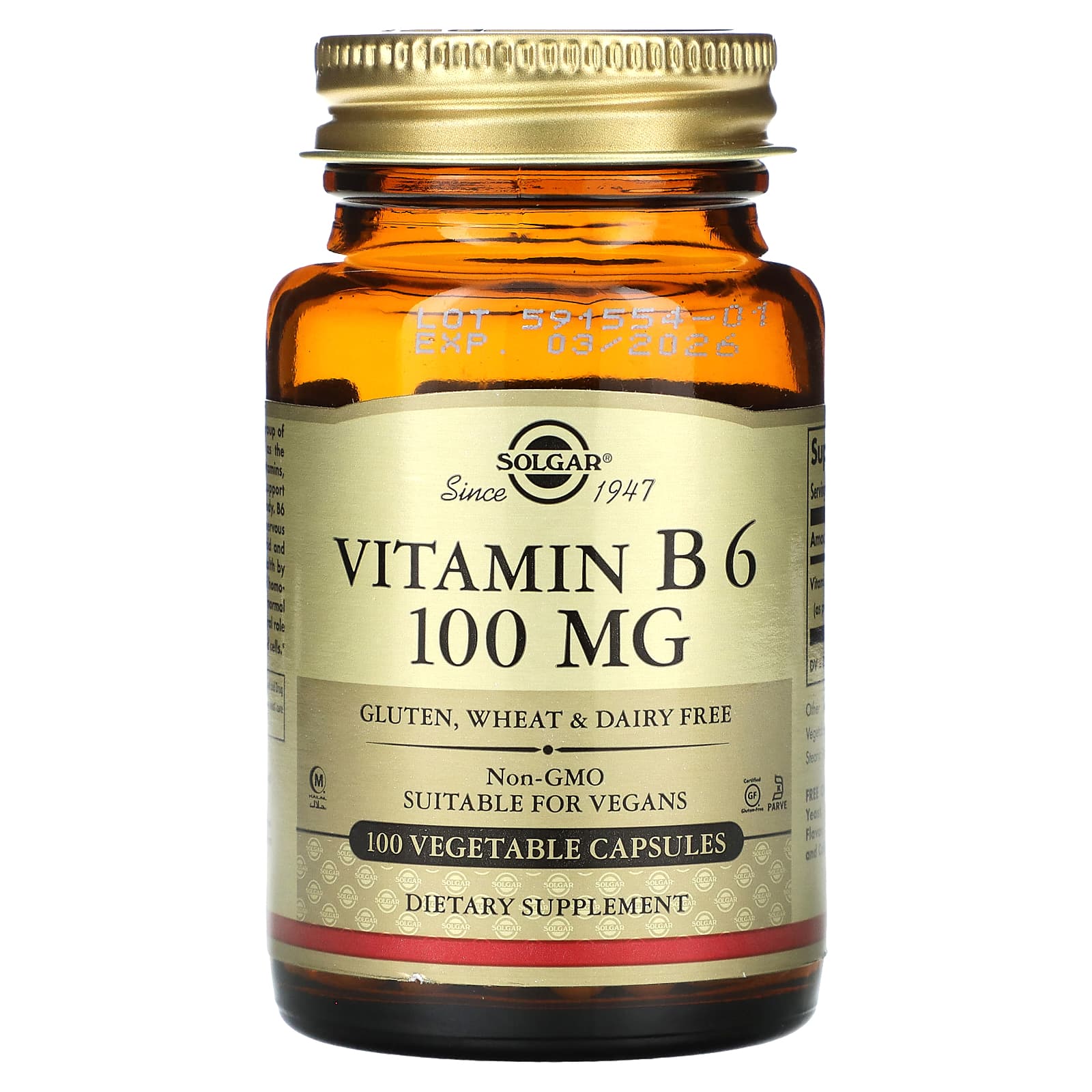 Solgar, Vitamin B6, 100 mg, 100 Vegetable Capsules - B000URWWMW