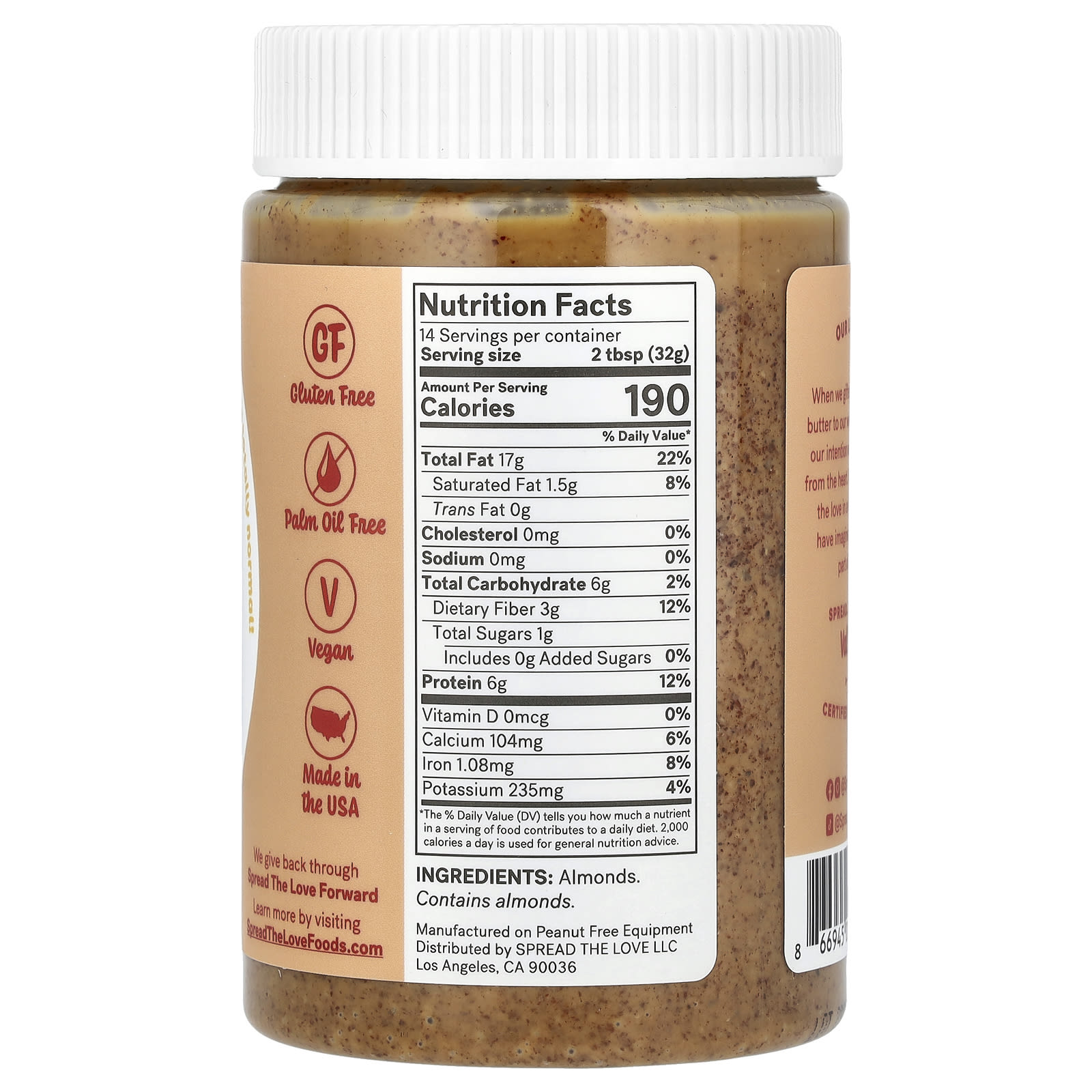 Spread The Love, Almond Butter, Unsalted, 16 oz ( 454 g) - B06ZZMW3YL