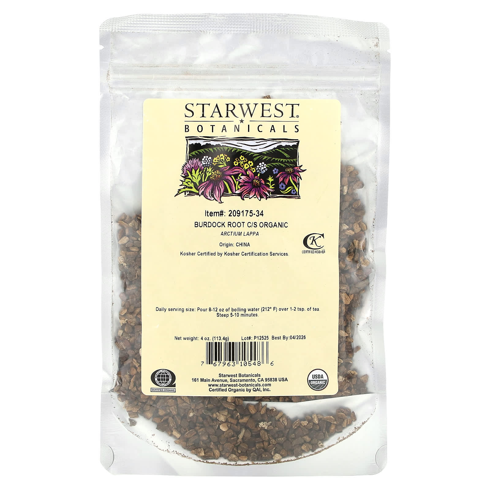 Starwest Botanicals, Organic Burdock Root, Cut & Shifted, 4 oz (113.4 g) - B004DMGOTC