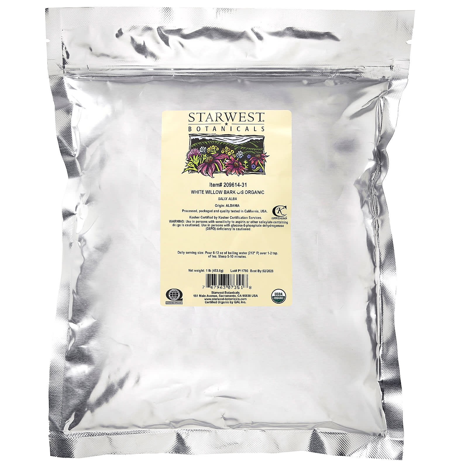 Starwest Botanicals, Organic White Willow Bark, Cut & Shifted, 1 lb (453.6 g) - B002HNNOWE