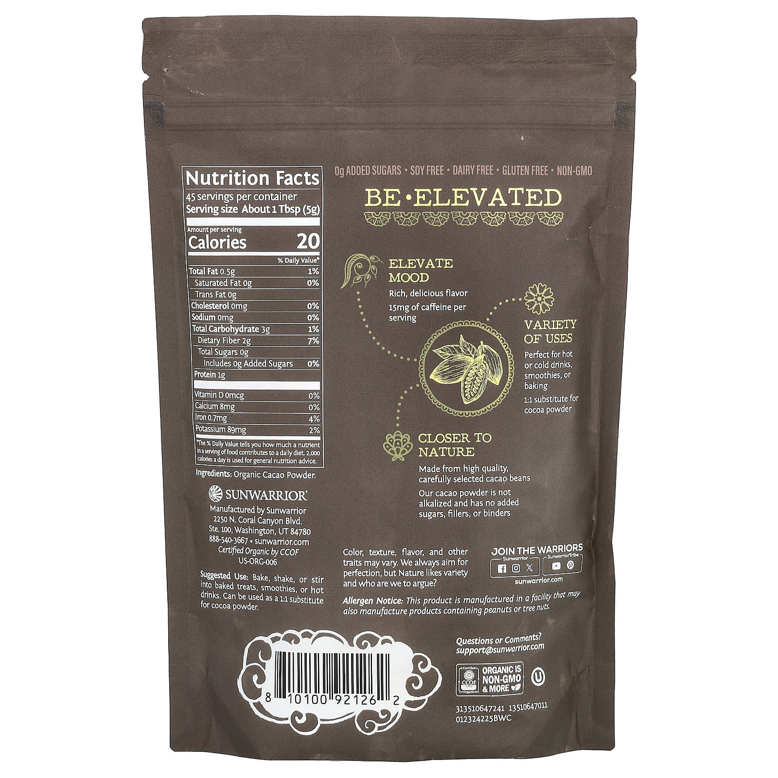 Sunwarrior, Be Well, Organic Cacao, 7.9 oz (225 g) - B0CSYS3LY1